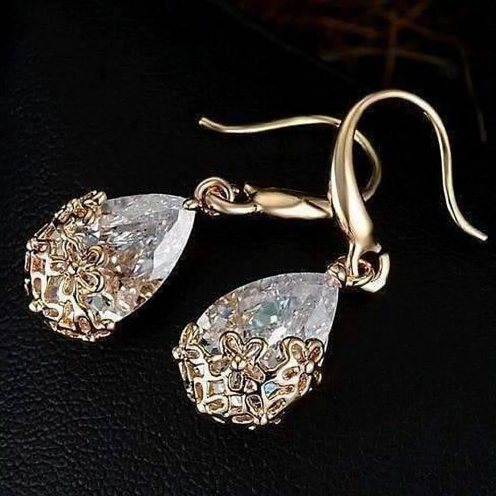 18K Gold Plated Infused Diamond Dust 6 Ctw Crystal Dangling Earrings for Woman