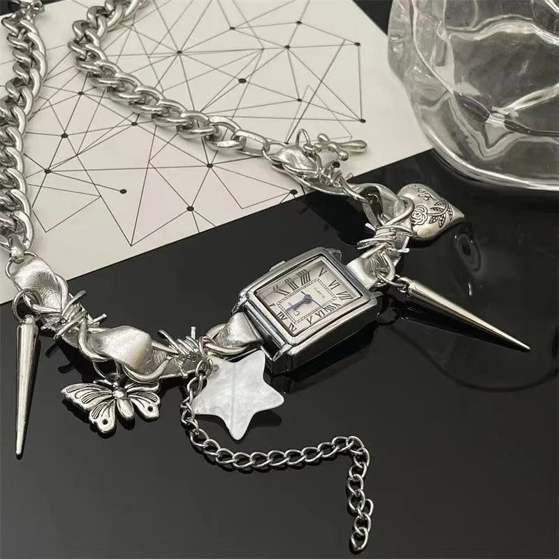 Y2K Cyber Punk Leather Watch Pendant Stainless Steel Choker Collar Gothic Butterfly Star Charm Necklace for Women Jewelry