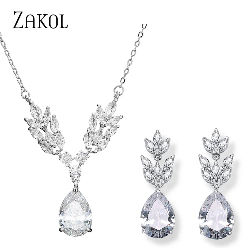 Brand Water Drop Wedding Jewerly Sets for Women CZ Cubic Zirconia Dangle Earrings Necklace SP3192