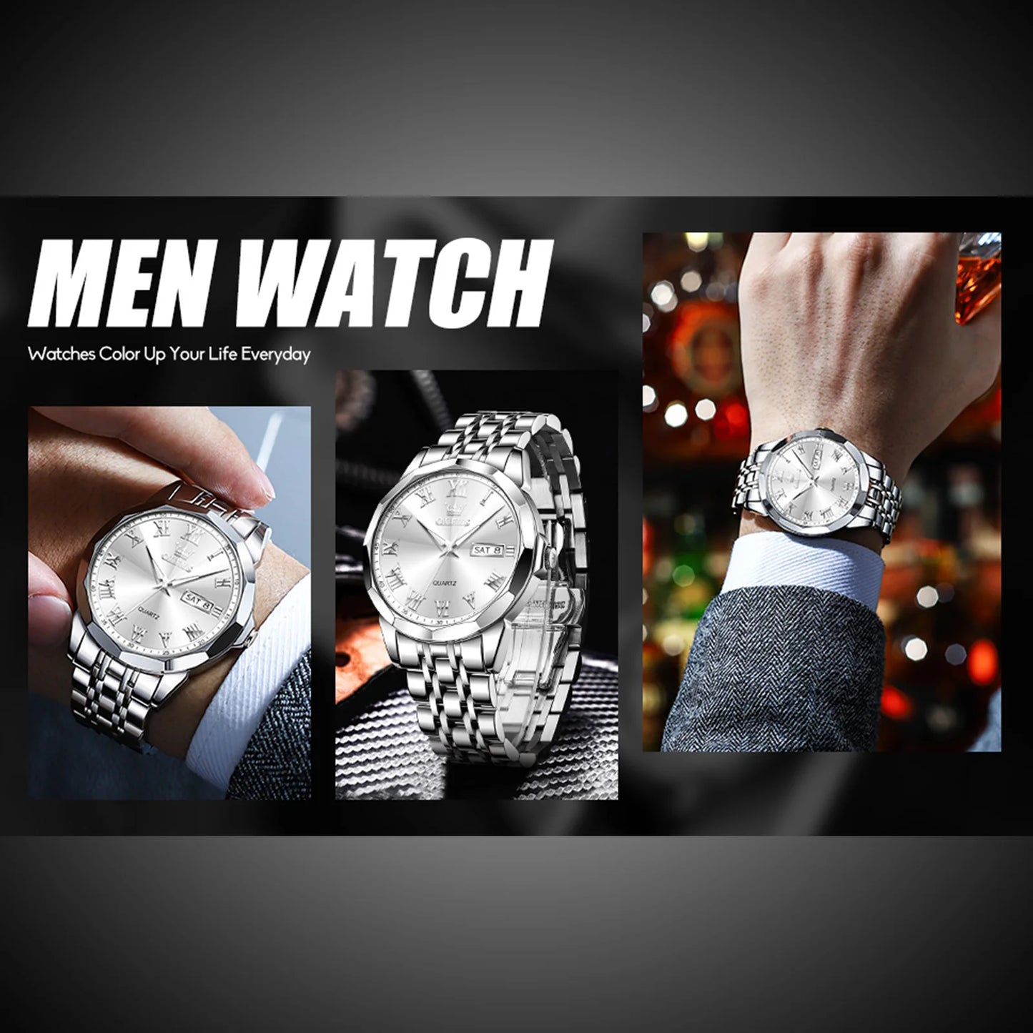 Sliver Mens Watch Large White Face Watch Fashion Stainless Steel Strap Wrist Watches Date Watches for Men Sample Waterproof Watch Easy Read Watches Roman Numerals Watch