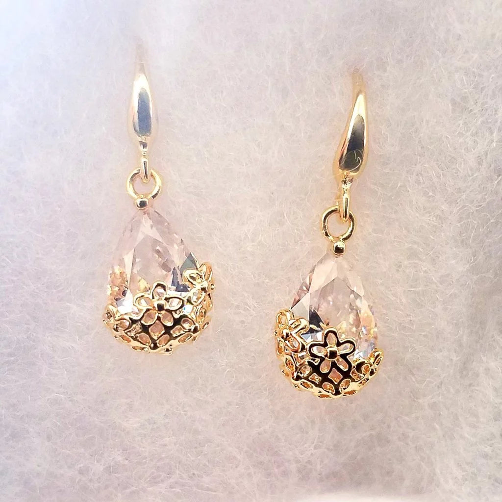 18K Gold Plated Infused Diamond Dust 6 Ctw Crystal Dangling Earrings for Woman