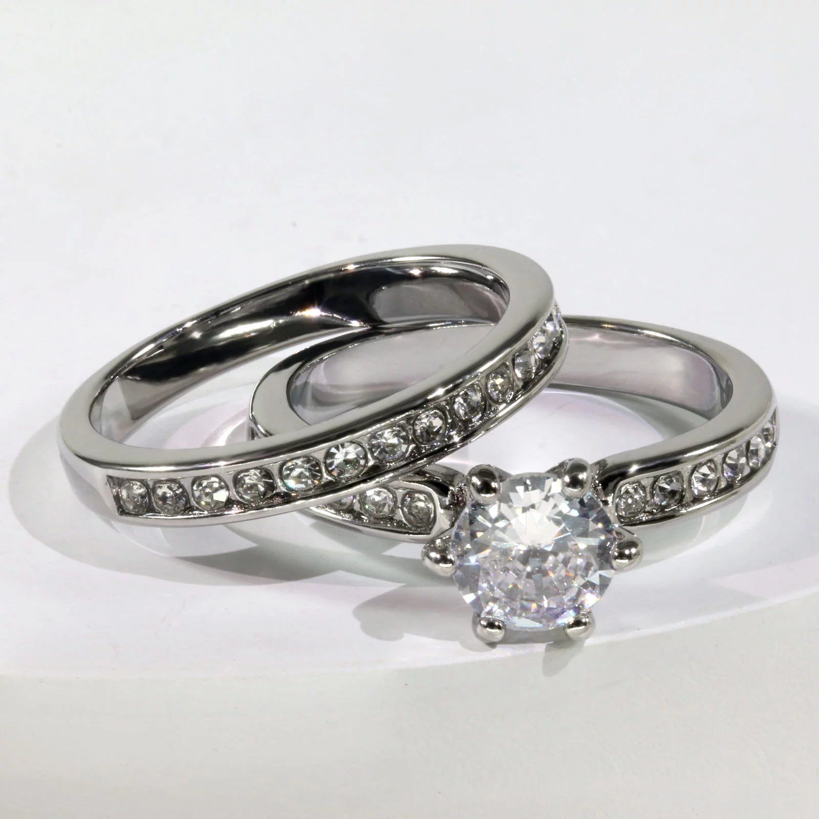 Matching Rings Couple Rings 10Kt White Gold Plated CZ Wedding Ring Set for Women